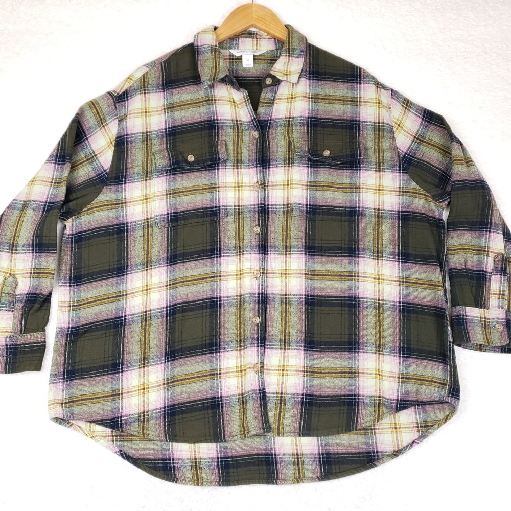 Old Navy Womens XL Olive Plaid Boyfriend Shirt Long Sleeve Cotton Tunic Grunge